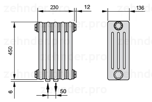 Схема (чертеж) Радиатор Zehnder Charleston 4045/5 №3470 Белый глянцевый RAL 9016